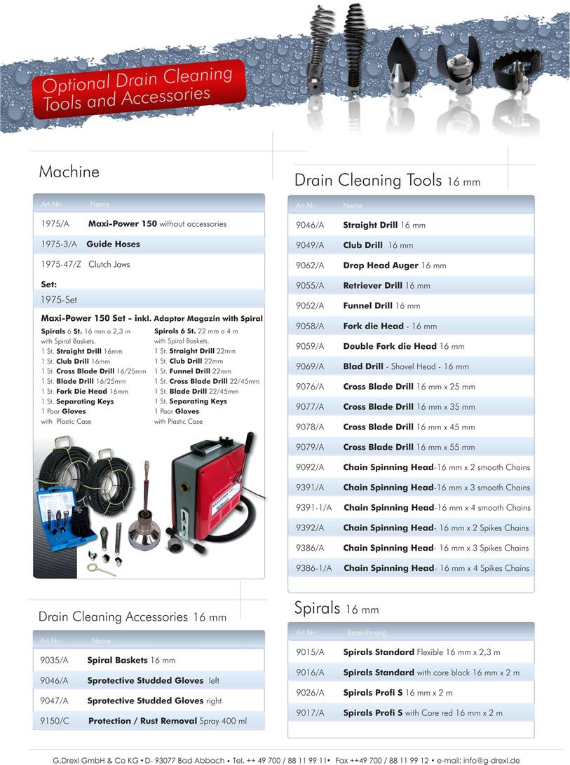 Spiral/tool set standard, 16 mm, Drain clearing spirals